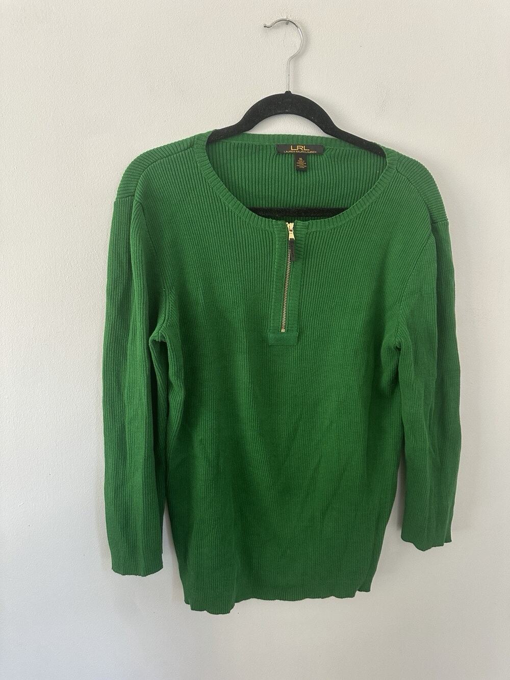 VTG Lauren Ralph Lauren Women's Green Ribbed Cotton 1/4 Zip Mock Sweater xL